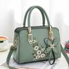 Women's Floral Embroidered PU Leather Handbag, Structured Top Handle Satchel with Flower Charm, Adjustable Strap Crossbody Shoulder Bag