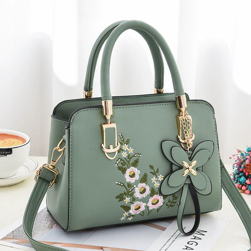 Women's Floral Embroidered PU Leather Handbag, Structured Top Handle Satchel with Flower Charm, Adjustable Strap Crossbody Shoulder Bag