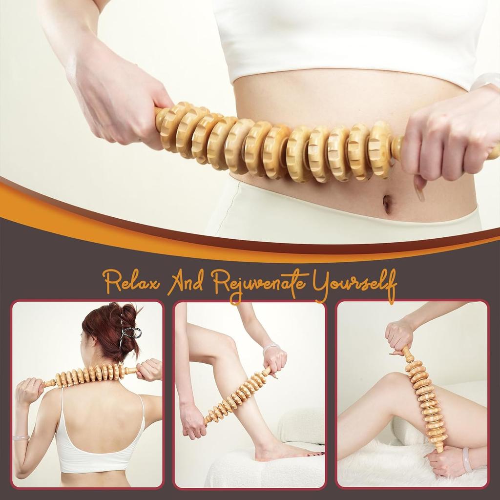 Wooden Cellulite Massage Roller for Legs and Thighs Lymphatic Drainage & Body Sculpting - Anti Cellulite Massager for Women and Men (12 Wheel)