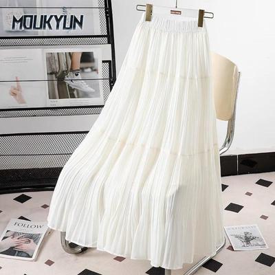 Sommer Damen Neue Röcke Chiffon Einfarbig Elastischer Bund Plissee Mesh Eleganter Rock