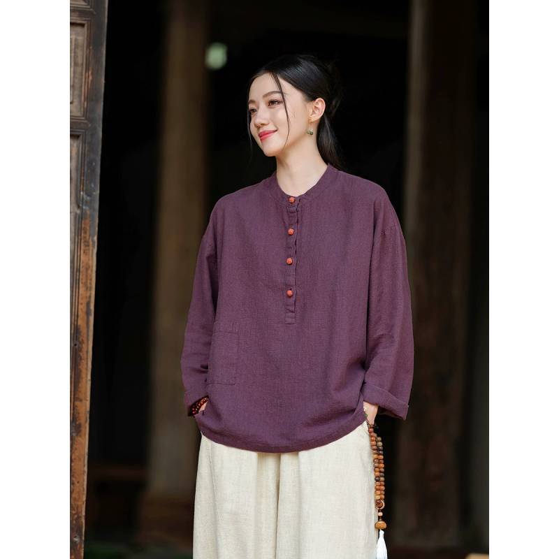 Spring Linen Cotton Womens Shirt With Colorblock Buttons For Vintage Style Casual Wear