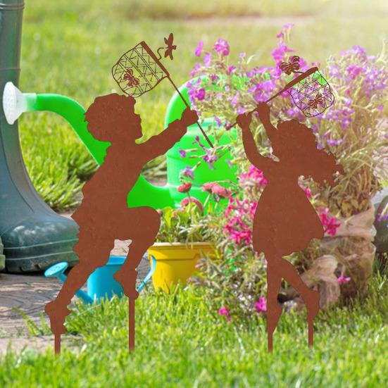 1 Pair Silhouette Art Model Little Boy Girl Shape Character Silhouette Art Ornament Garden Decor Stakes