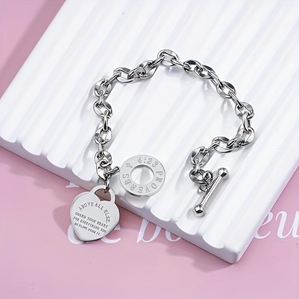 Men's Stainless Steel Engraved Heart Bracelet – Casual Style Ideal for Festive Gift