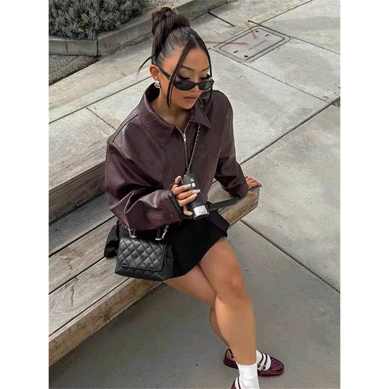 Mannie Style American Retro Minimalist Trendy Cool Lapel Zipper Wine Red Leather Coat Jacket Short Outwear Women