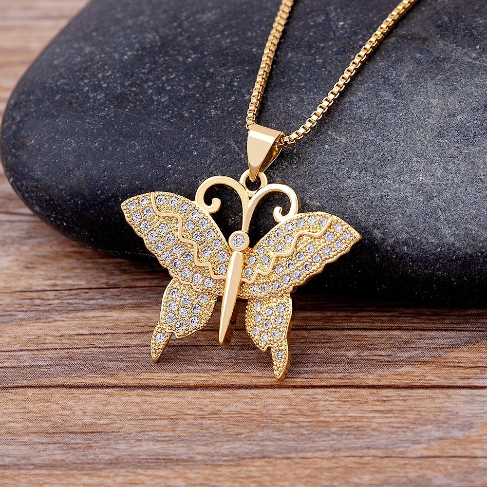Nidin Top Quality Copper Zircon 12 Styles Charms Butterfly Pendant Chain Necklace for Women Gold Plated Vintage Boho Jewelry