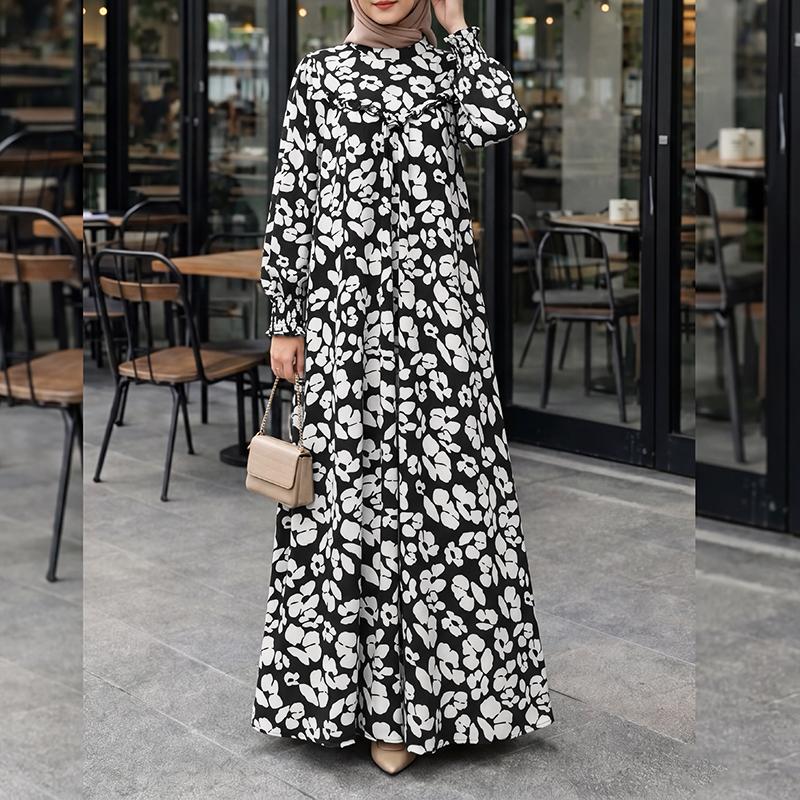 ZANZEA Damen Lässig Rundhals Locker Langarm Print Langes Kleid