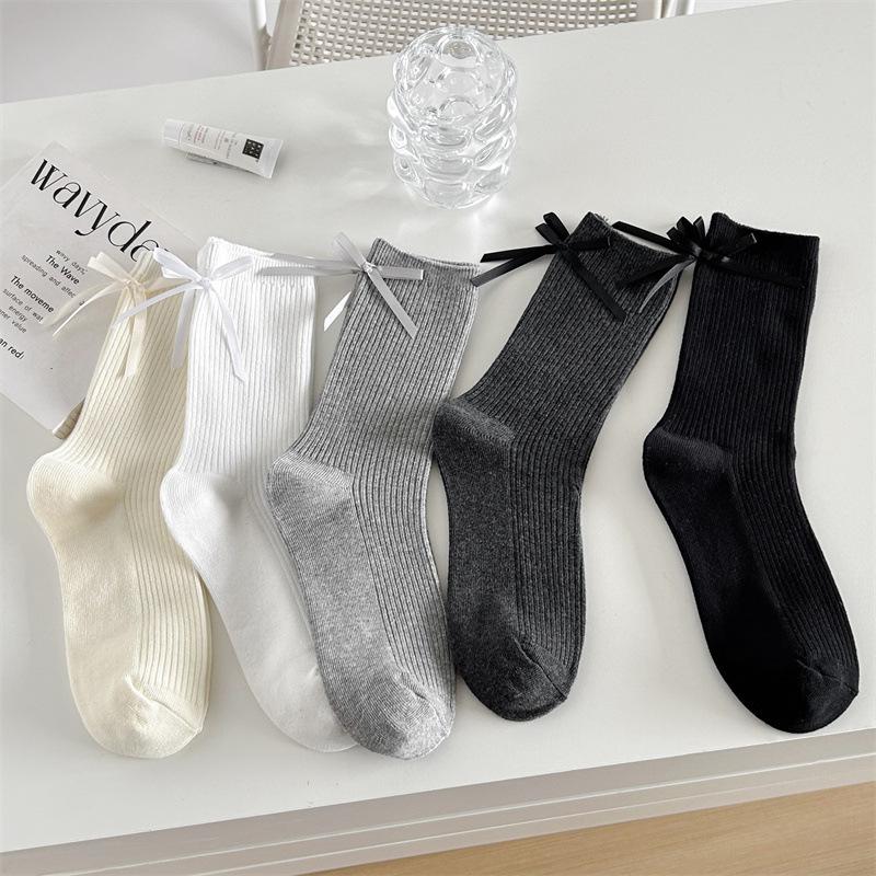 Socks Women'S Solid Color Bow Women'S Socks Double Needle Draw Strips Versatile Stack Of Socks Trendy Gray Socks