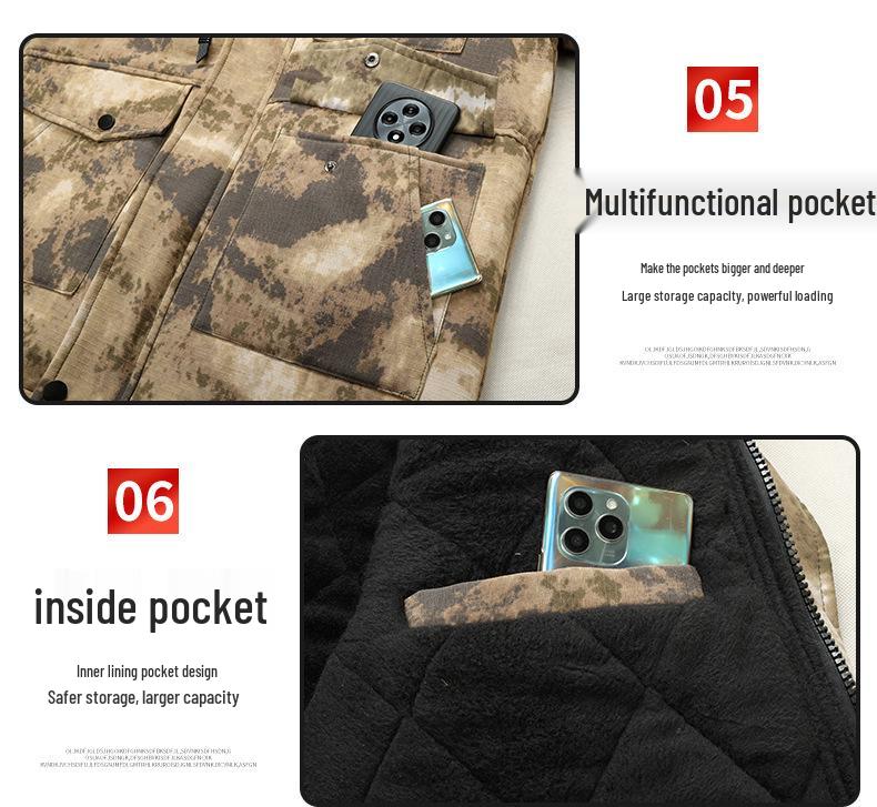 Men's Winter Camouflage Cotton Jacket with Velvet Lining for Cold Protection and Workwear