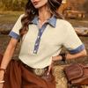 Women's Fashion Color Block Polo Shirt Button Front Short Sleeve Top Cotton Linen Blend Denim Trim Casual Blouse