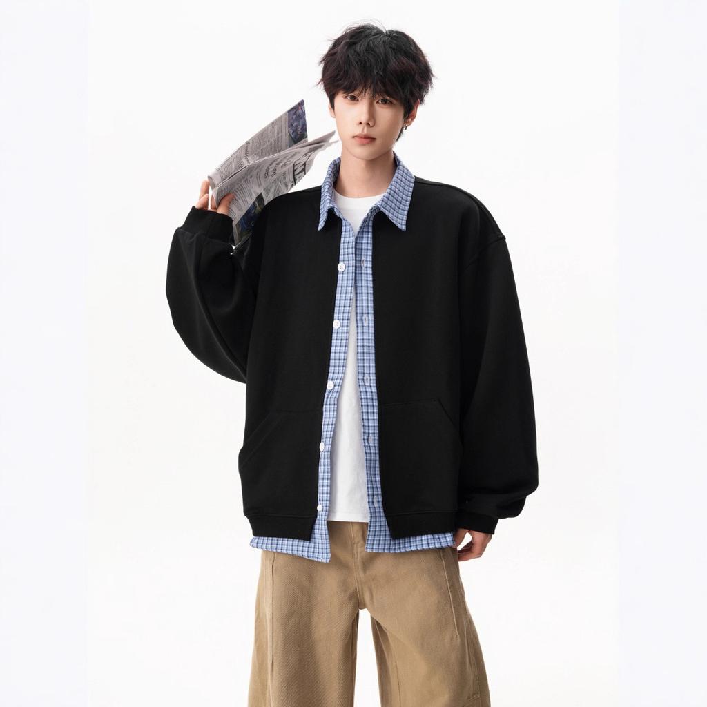 Fake Zweiteilige Karierte Strickjacke Herren Herbst Amerikanische Lockere Collegejacke Cardigan