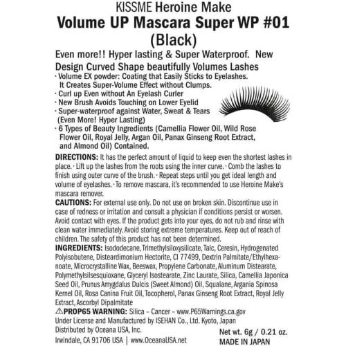 Heroine Make Volume UP Mascara Super WP 01 Black 6g Waterproof Formula Resistant To Tears, Sweat, Water, Sebum, and Abrasion
