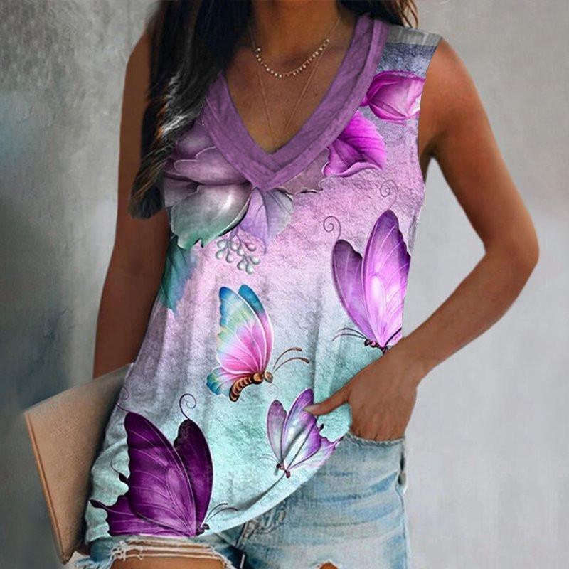 Summer V-neck 3D Creative Butterfly Gradient Printed Top Fashionable Casual Short Sleeved Women's T-shirts