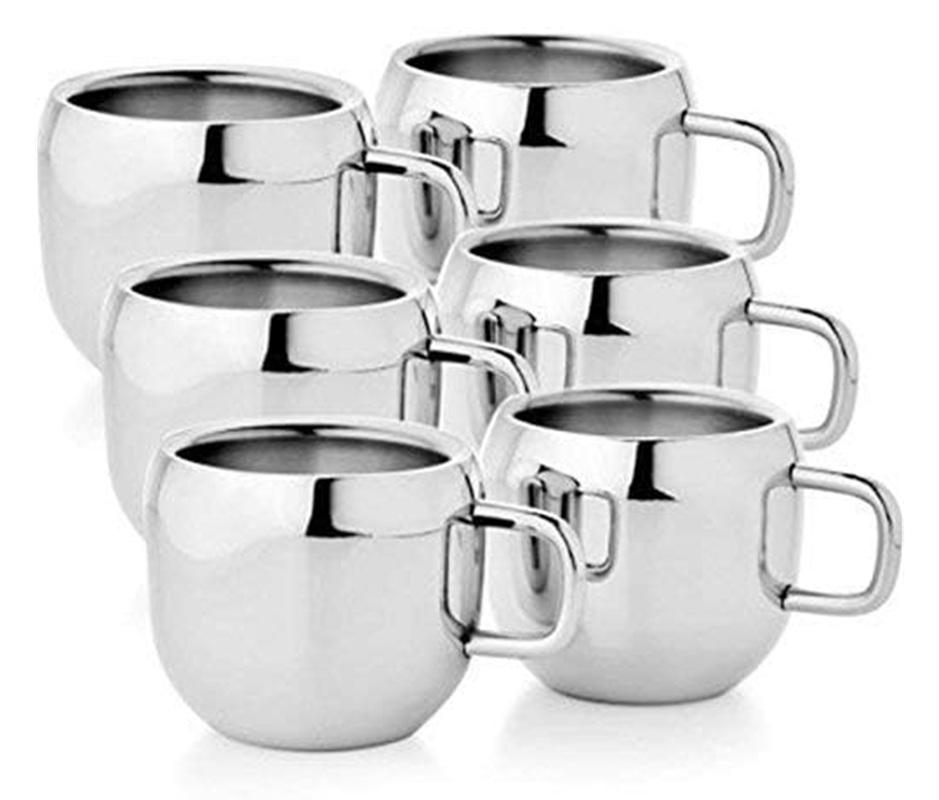 TreegoArt Double Wall Stainless Steel Tea And Coffee Cups For Home And Kitchen- (Pack Of 6) 120 Ml Each серебряный