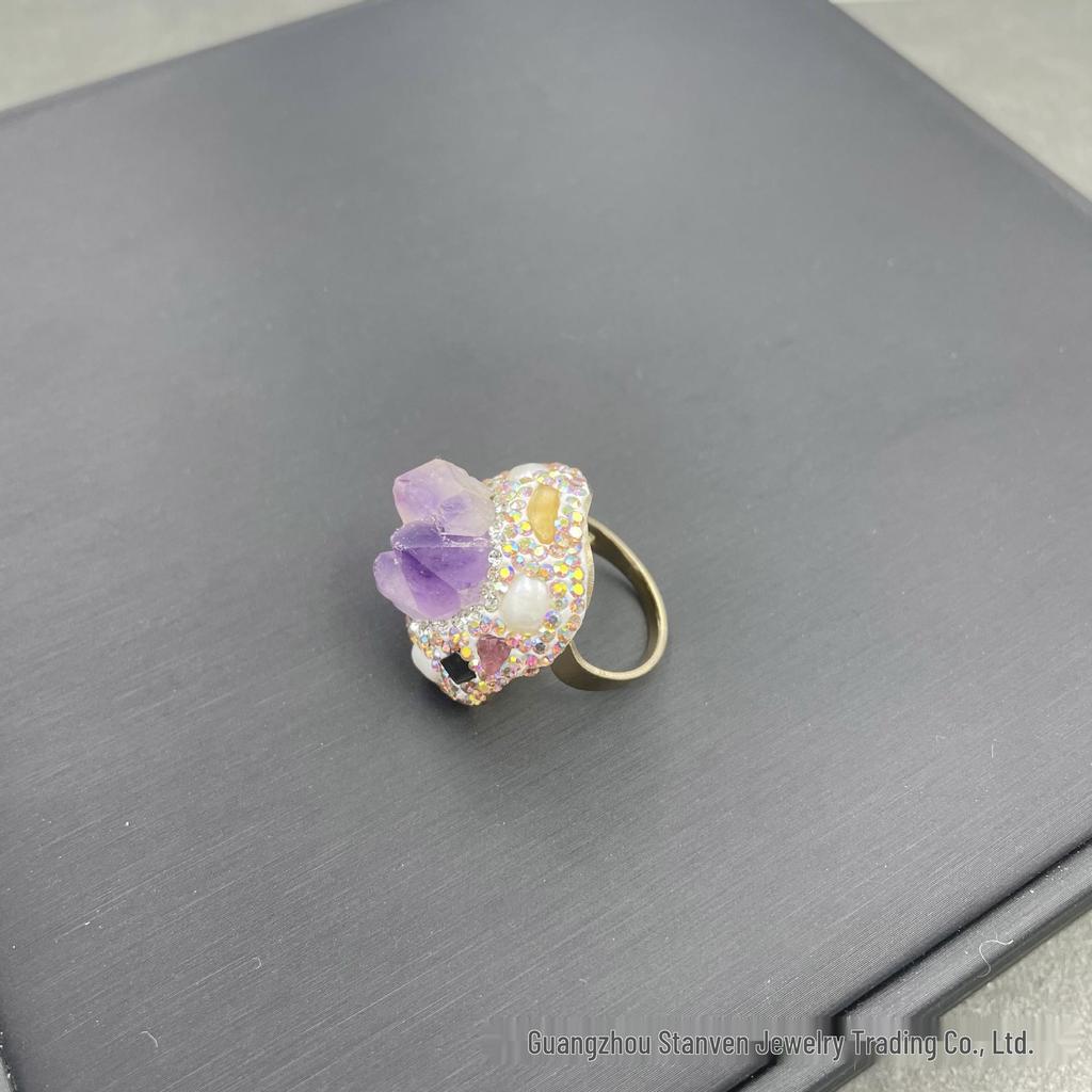 Natural Amethyst Flower Ring: Light Luxury Jewelry with Pearl & Diamond Accents