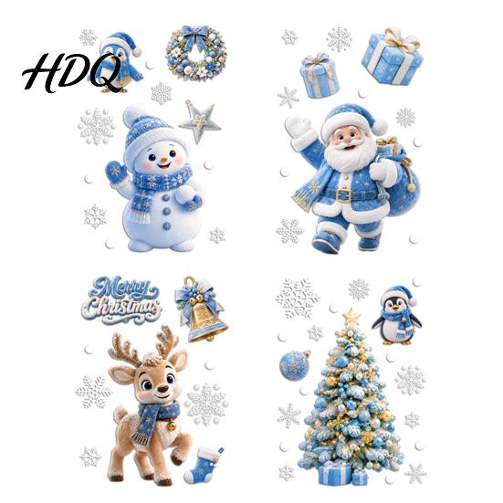 Non Adhesive Window Film 4Pcs Christmas Static Clings Blue Santa Snowman Reindeer Penguin Seasonal Home Accents Stickers Reusable Double Sided Xmas