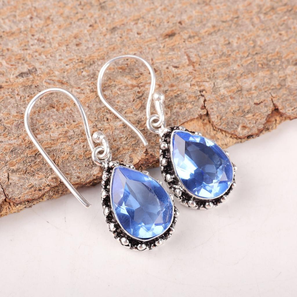 Blue Tanzanite Gemstone 925 Sterling Silver Handmade Earrings 1.41" Gift For Mom EE-97-7