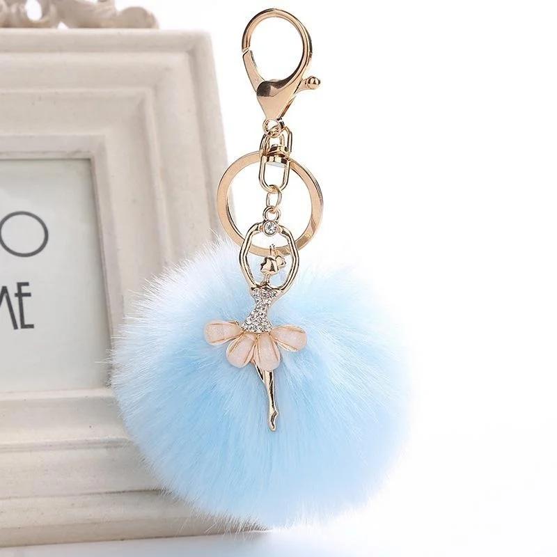Cute Accessories Gifts Fake Rabbit Fur Ball KeyChain Pompom Key Chain Key Rings Ballet Angel Girl Pompon Bag Jewelry Gifts