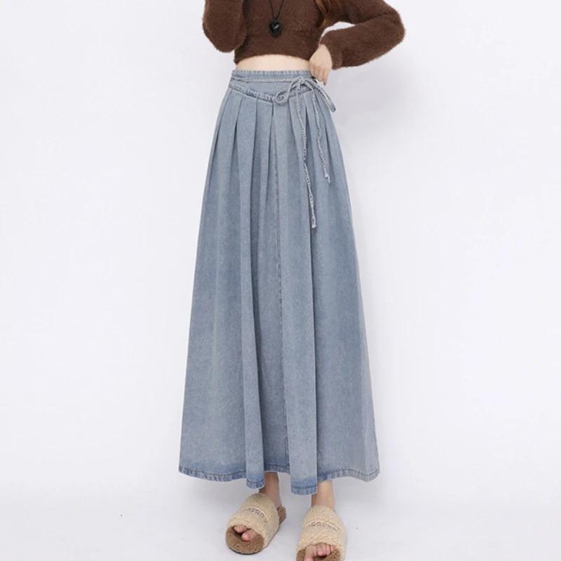 Lace Up Corset Midi Long Skirts Women Spring Summer Korea Style Vintage High Waist Jean Skirt A Line Ruffle Pleated Denim