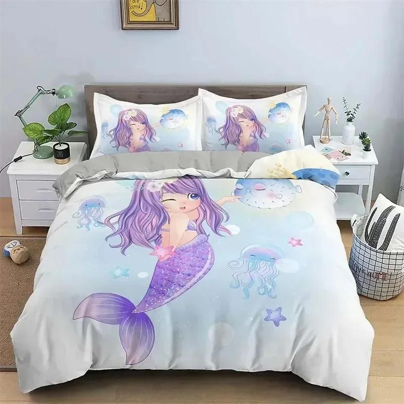 Modern Cartoon Mermaid Toddler Bedding Set Duvet Cover Sheet Printed Bed Set Pillowcase Full Queen King Size Comforter Bedroom