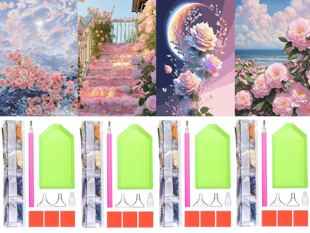 Set of 4 Diamond Art Kits, BetterJonny 5D Diamond Painting Kits, Full-Paste DIY Diamond Painting Kits for Beginners, Adults, and Kids, 30x40cm Flowers