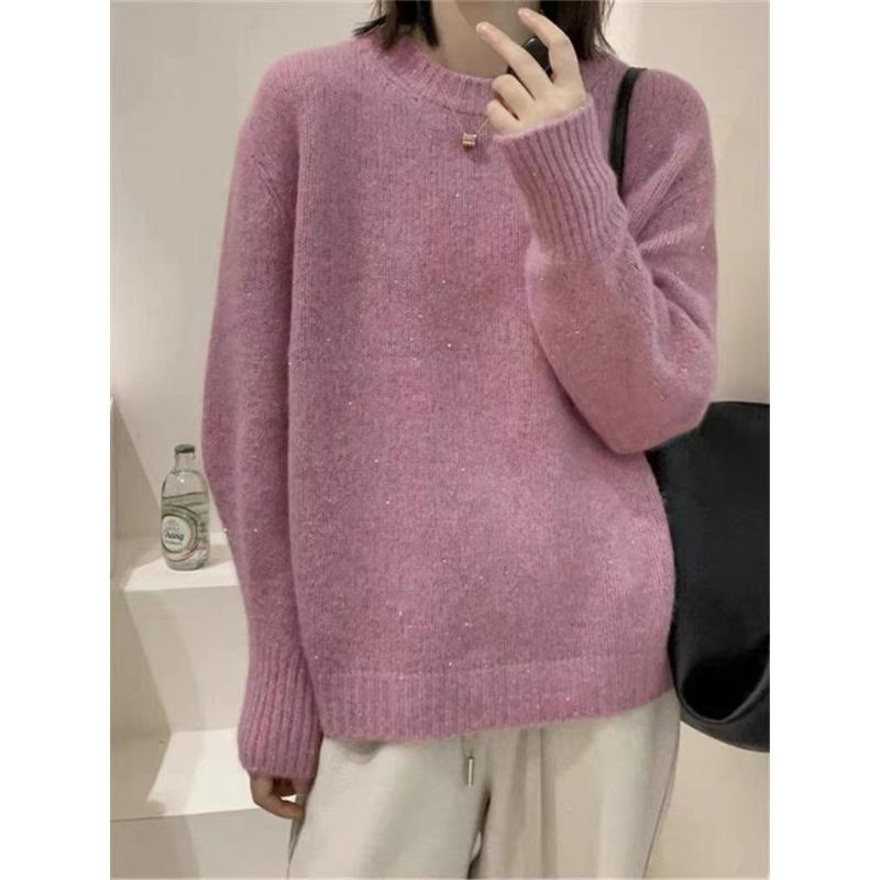 Autumn and winter high-end knitted pullover sweater women's thickened loose crew neck knitted sweater golden silk raccoon velvet