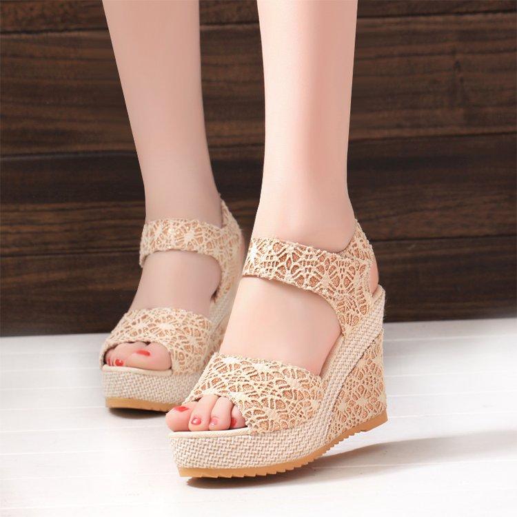 Large size classic wedge heel fish mouth platform sandals summer reticulated beach open-toed women's shoes