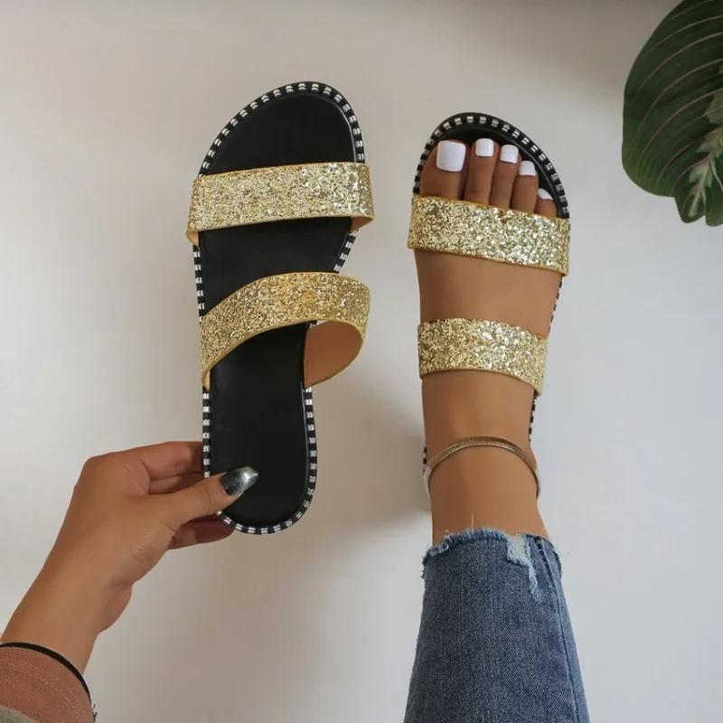

Летние сандалии для женщин, сандалии на плоской подошве, блестящие шлепанцы со стразами, модная женская пляжная блестящая нарядная повседневная обувь без шнуровки с блестками 40