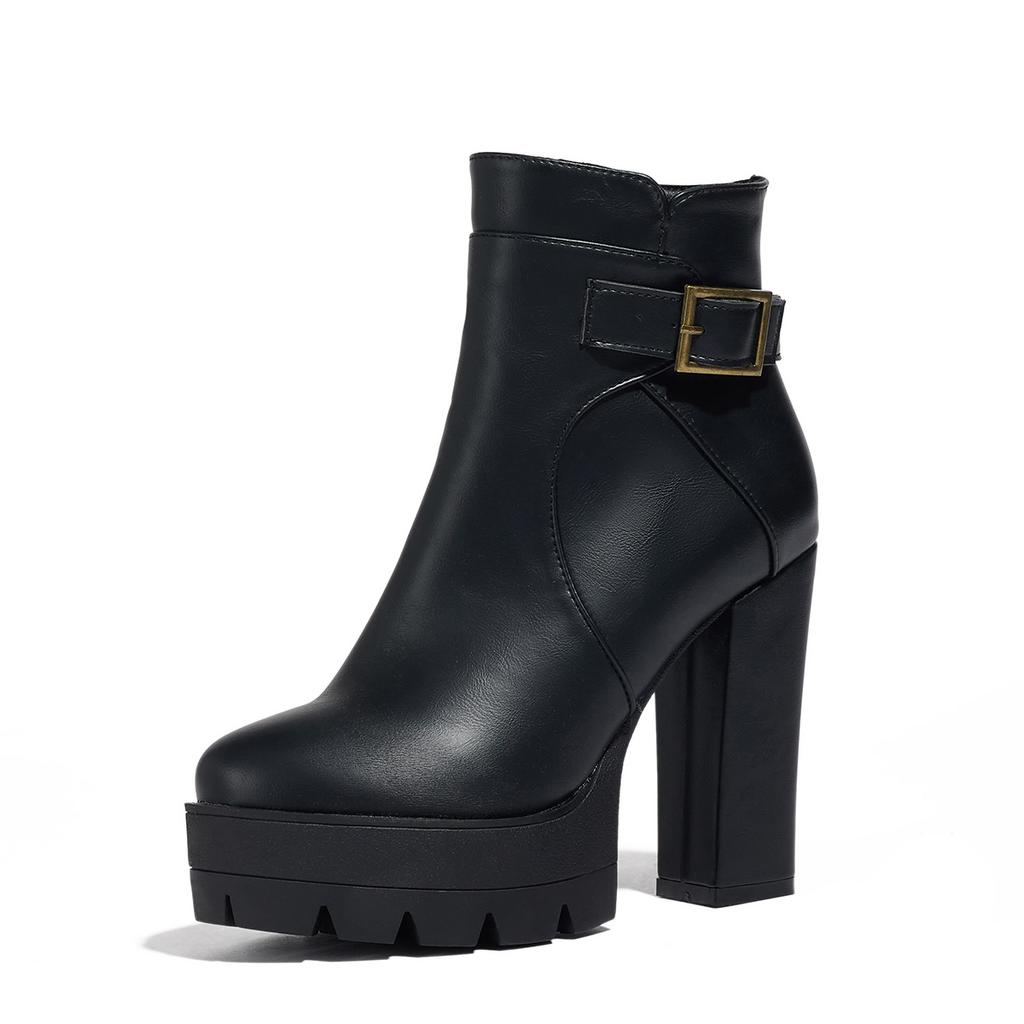 Fashion Sping Autumn Platform Ankle Boots Woman Black Brown PU Leather Shoes Female High Heels Boots Ladies Shoes For Party Big Size 43