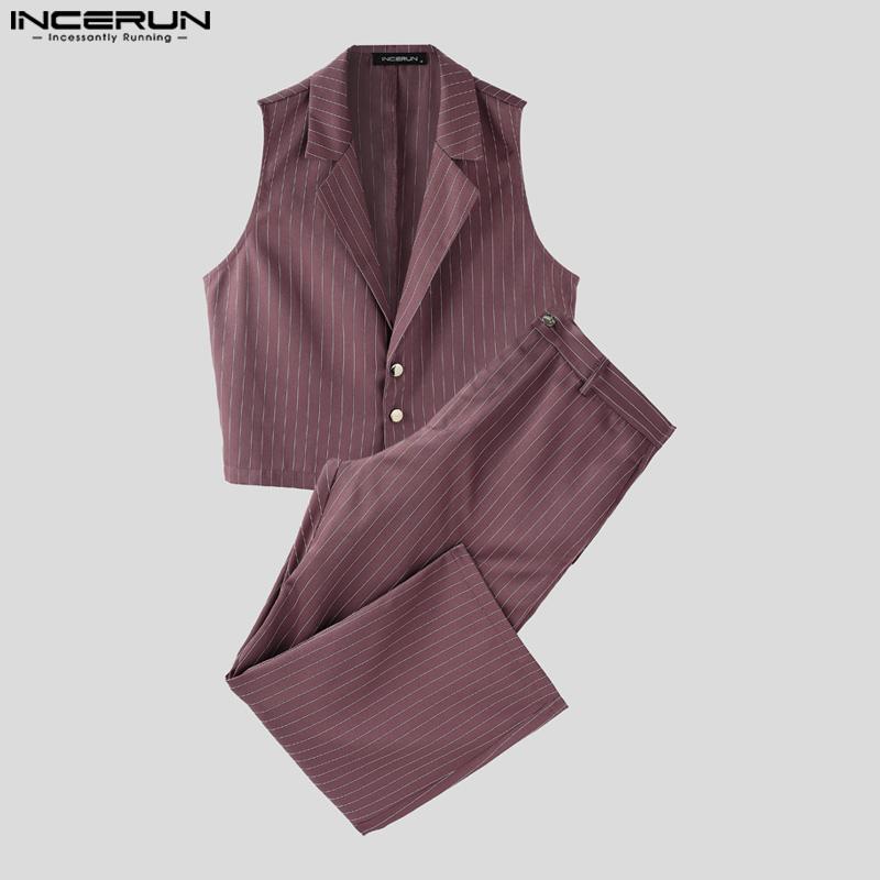 INCERUN Ensembles Deux Pièces Homme Gilet Rayé Sans Manches Court et Pantalon Long Droit