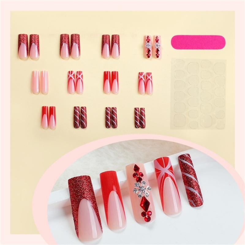 24 Pieces Long Square Press on Nail Christmas False Nail Full Cover Nail Art Decoration For Quick And Easy Application