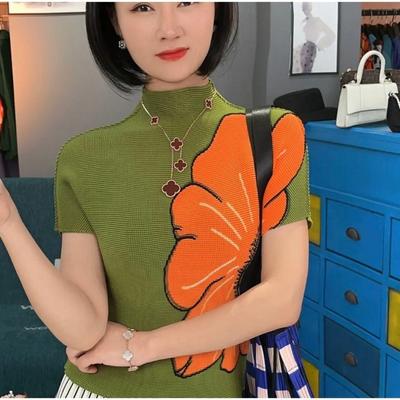 European Floral Print Pleated Short Sleeve Tops Women Summer Slim Fit Knit Shirt