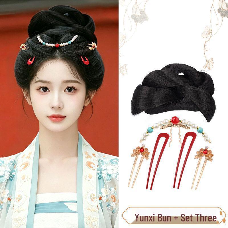 Ancient Style Hanfu Wig Bun with Full Hair Strand Updo Hairstyle Headwear Set