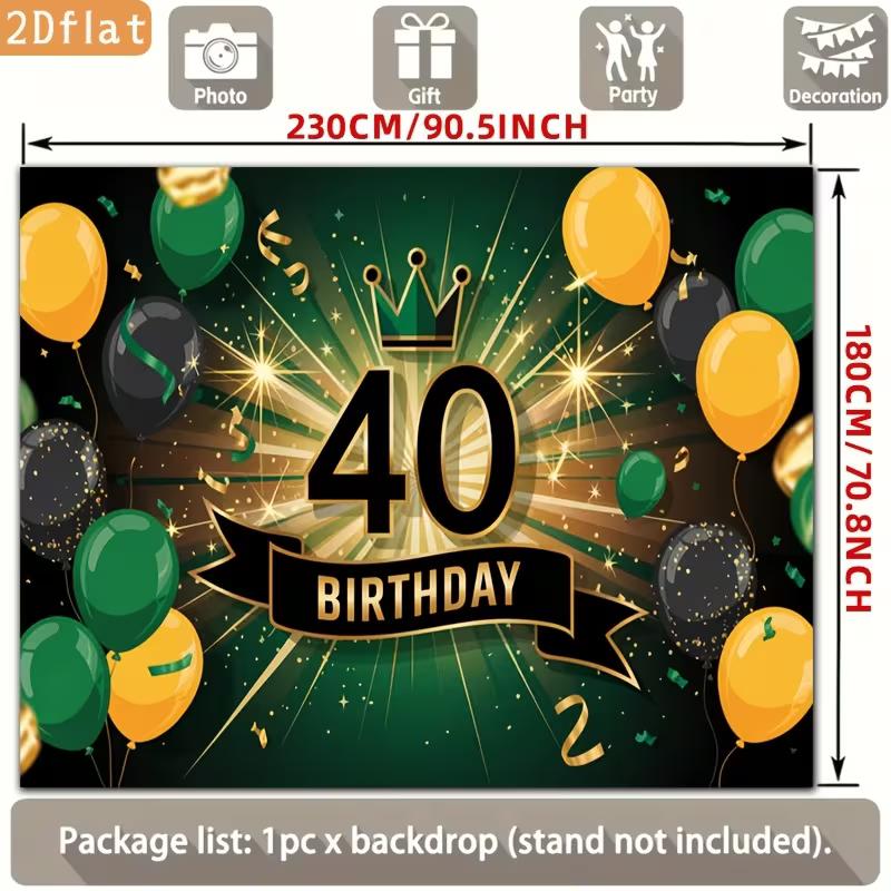 2D 40th Birthday Party Backdrop Green Gold Balloon & Crown Themed Photography Background
