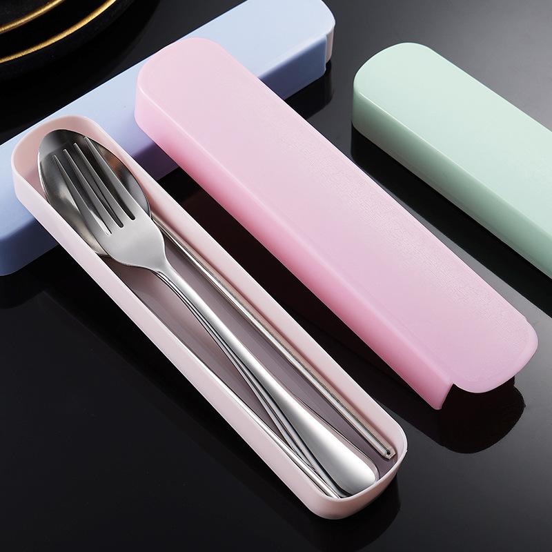 Stainless steel portable storage tableware set, chopsticks, spoons, student office workers with box, fork and spoon three-piece set