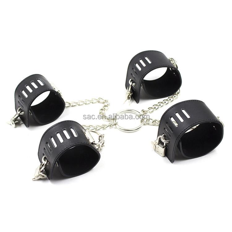 SacKnove Flirt SM Sex Toy Neck Back Restraint Bedroom Lockable Key Chain Bondage Gear Adjustable PU Leather Handcuffs for Woman