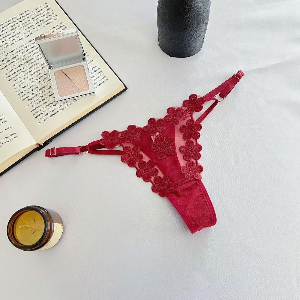 Low Waist Underwear for Women Mesh Hollow Thin Belt Thong Embroidery Floral Panties  Hotel