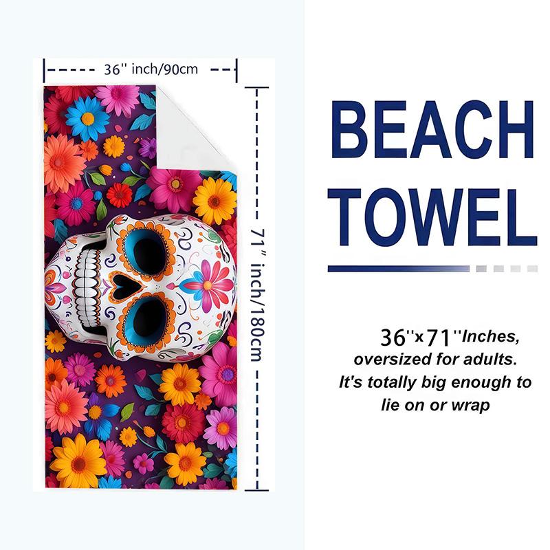 Floral Skull Art Print Beach Towel, Large Soft Quick Dry Towel for Beach Camping Swimming