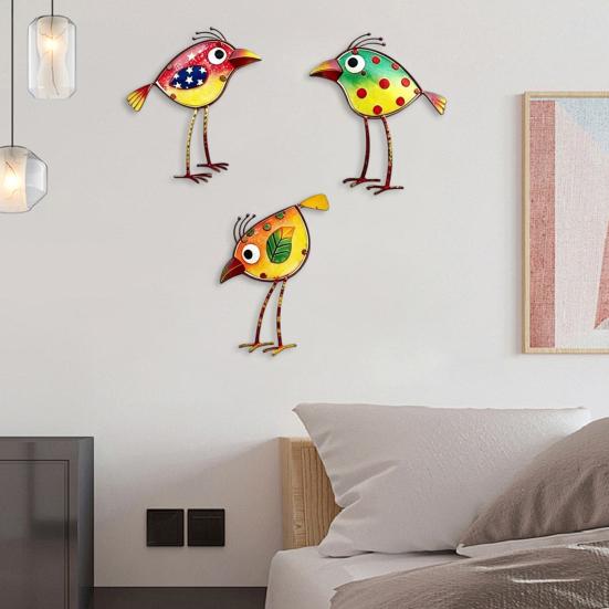 3Pcs Wooden Birds Wall Art Decor Colorful Bird Wall Hangings Funny Bird Wall
