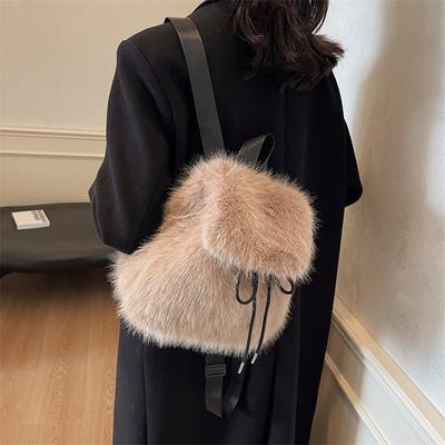 New Plush Backpack Imitation Rabbit Fur Backpack Student Girl Large Capacity Drawstring Casual Solid Color Bag