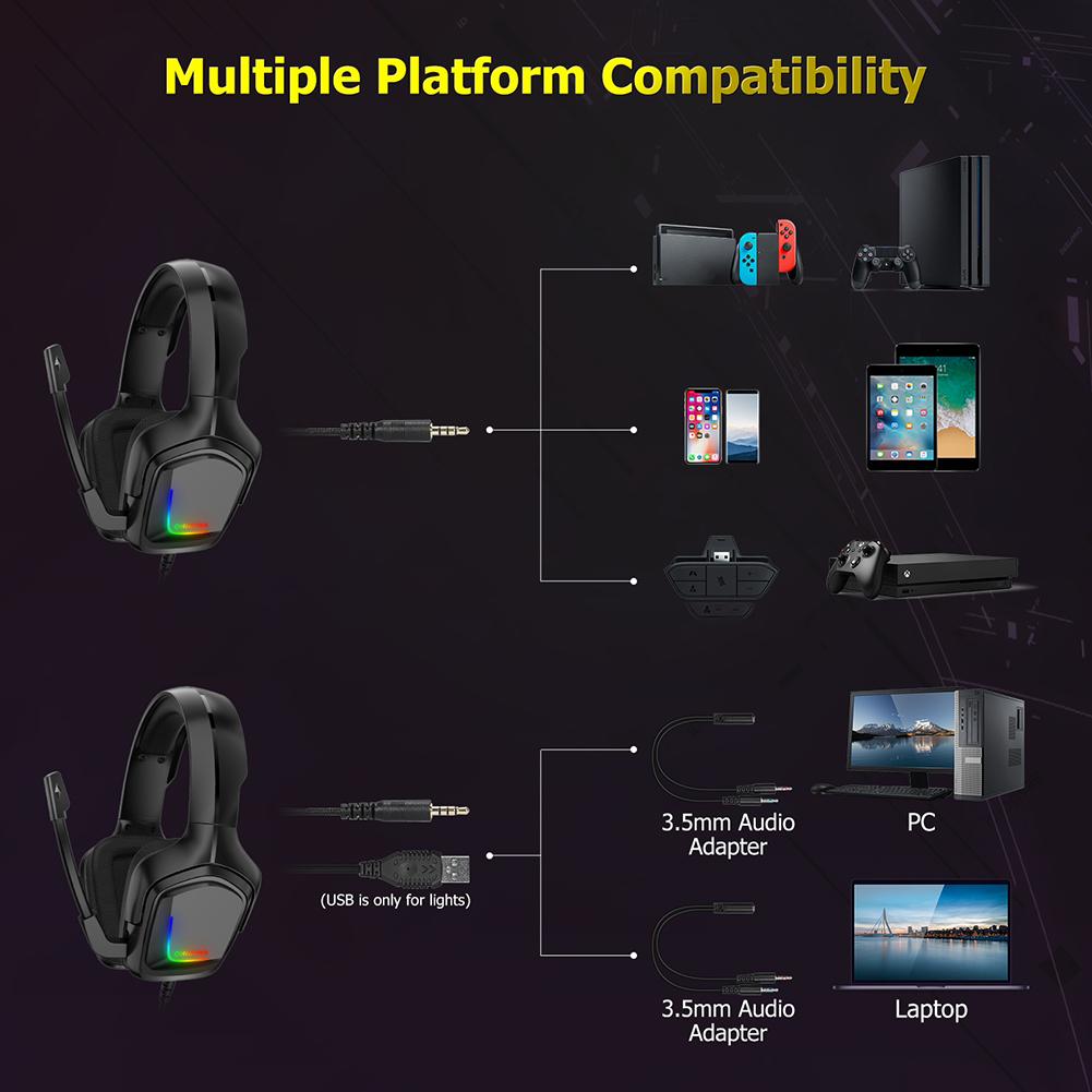 K20 3.5mm Wired RGB LED Headset with Microphone for PC Gamers Phone PS5 PS4 Wired Earphone HiFi Headphones