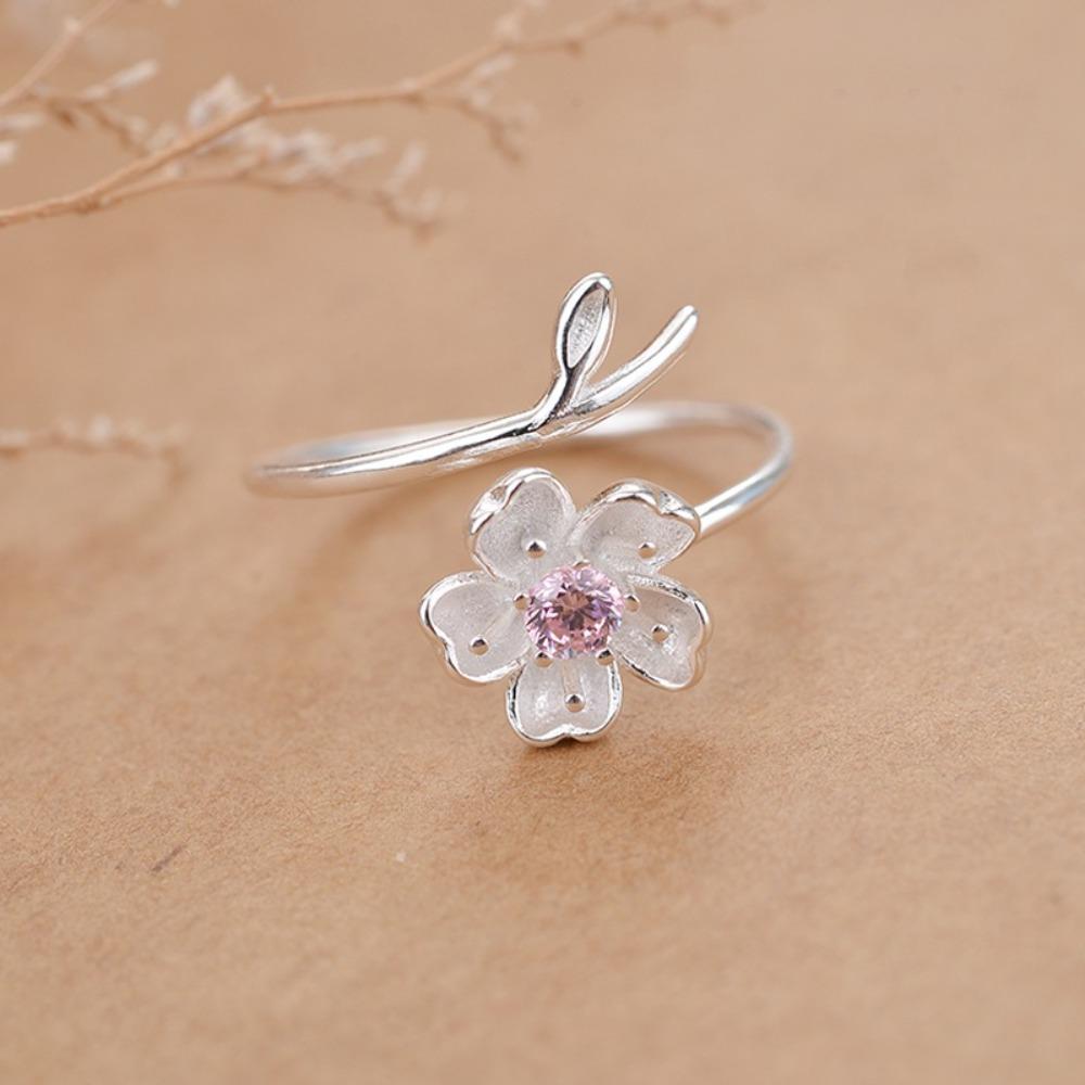 Women Floral Ring Silver Adjustable Band Purple CZ Stone Minimalist Dainty Fashion Jewelry Gift