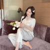 New Ice Silk Pajamas Women's Summer Thin Lace Sexy Short-sleeved Trousers Printed Silk Loungewear Set