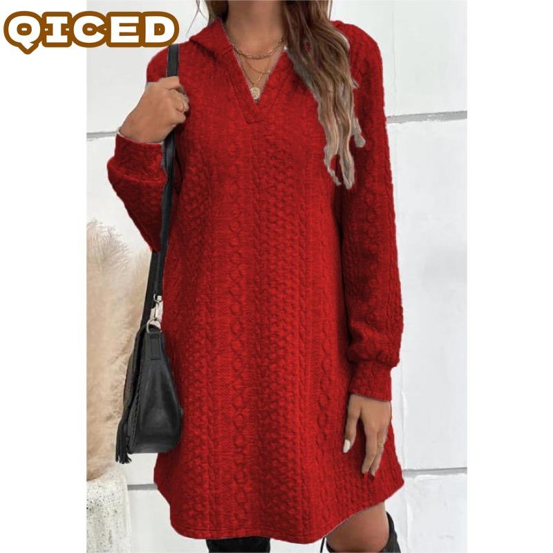 QICED Fashion Autumn Winter Solid Color Print Long Sleeve POLO-Neck Casual Dresses Unique design