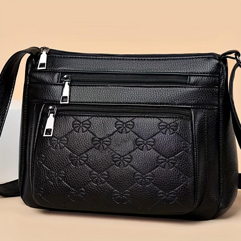 Black Crossbody Bag with Adjustable Strap and Zipper Closure, Casual Solid Color Messenger Bag with Tassel Detail and Polyester Lining