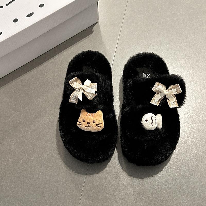 

Универсальные повседневные пушистые тапочки женские осень-зима 2025 мультяшные милые кошки и рыбки теплые толстоподошвенные хлопковые тапочки 35