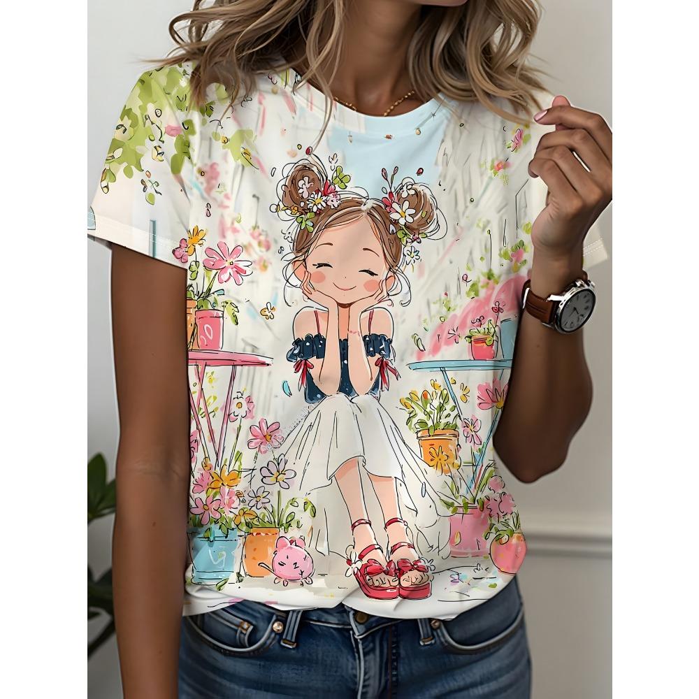 Hand drawn floral girls floral printed short sleeved T-shirt