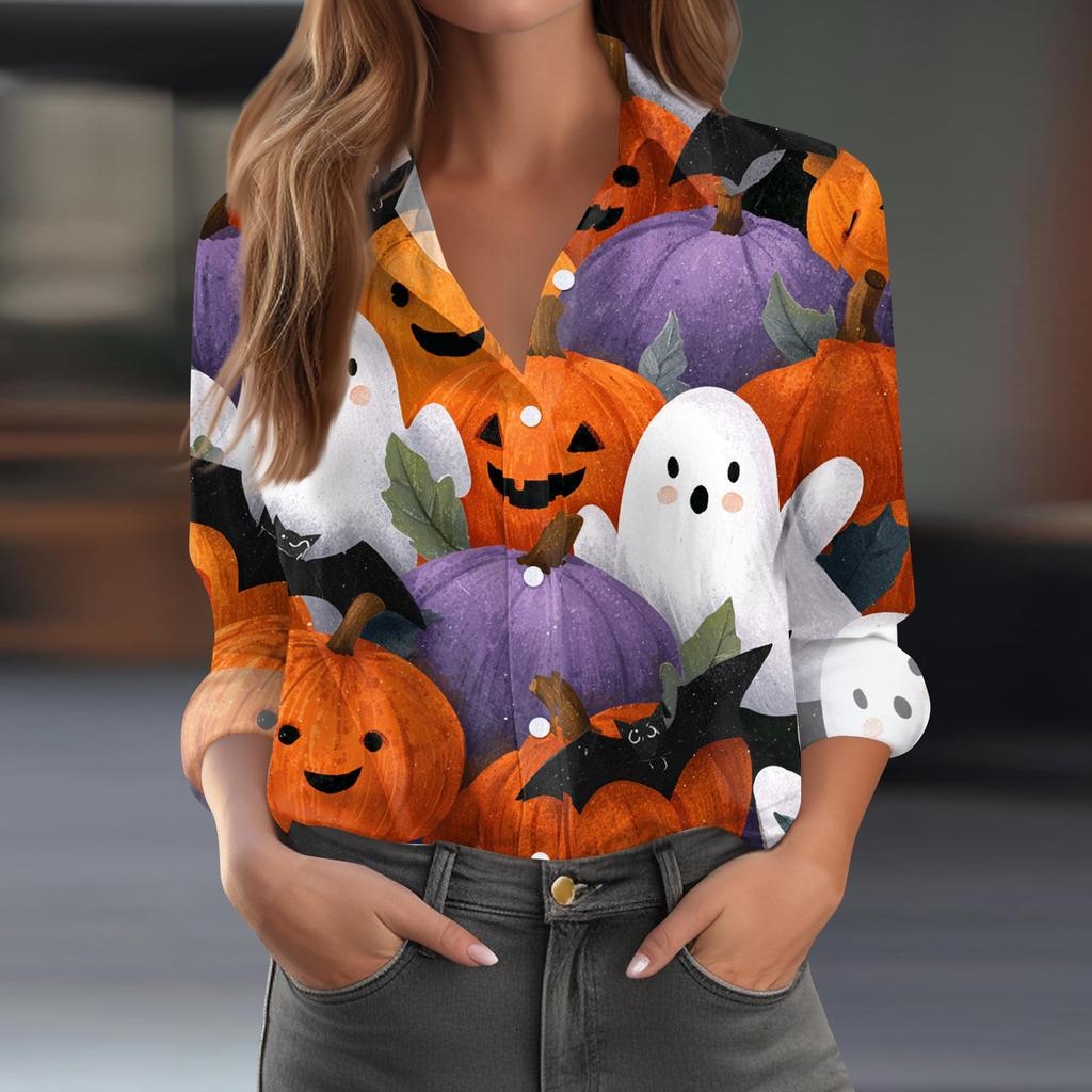 Damen Halloween Bedrucktes Lässiges Halbgeöffneter Kragen Langarmhemd