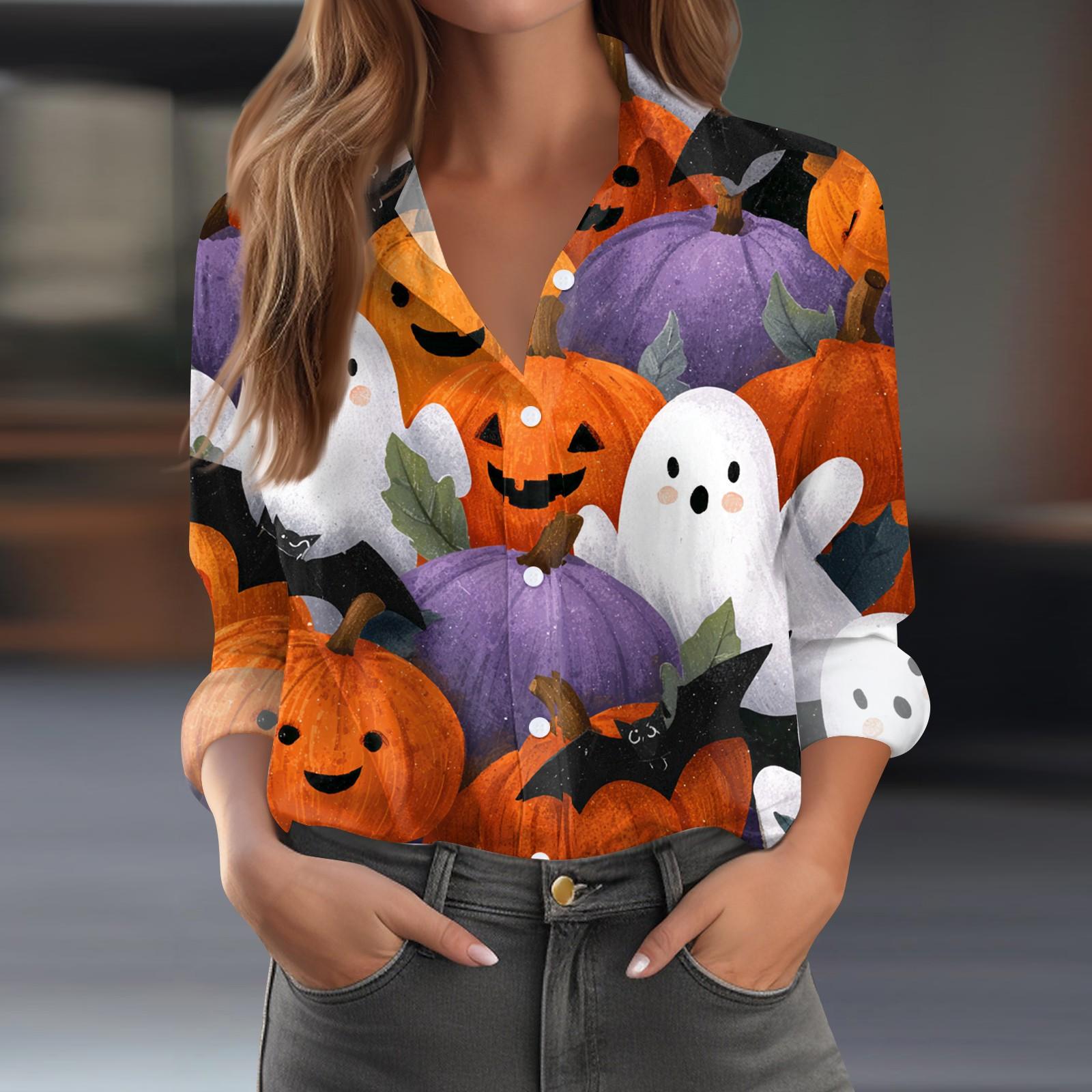 Women s Halloween Printed Casual Half-Open Collar Long Sleeve Shirt S оранжевый