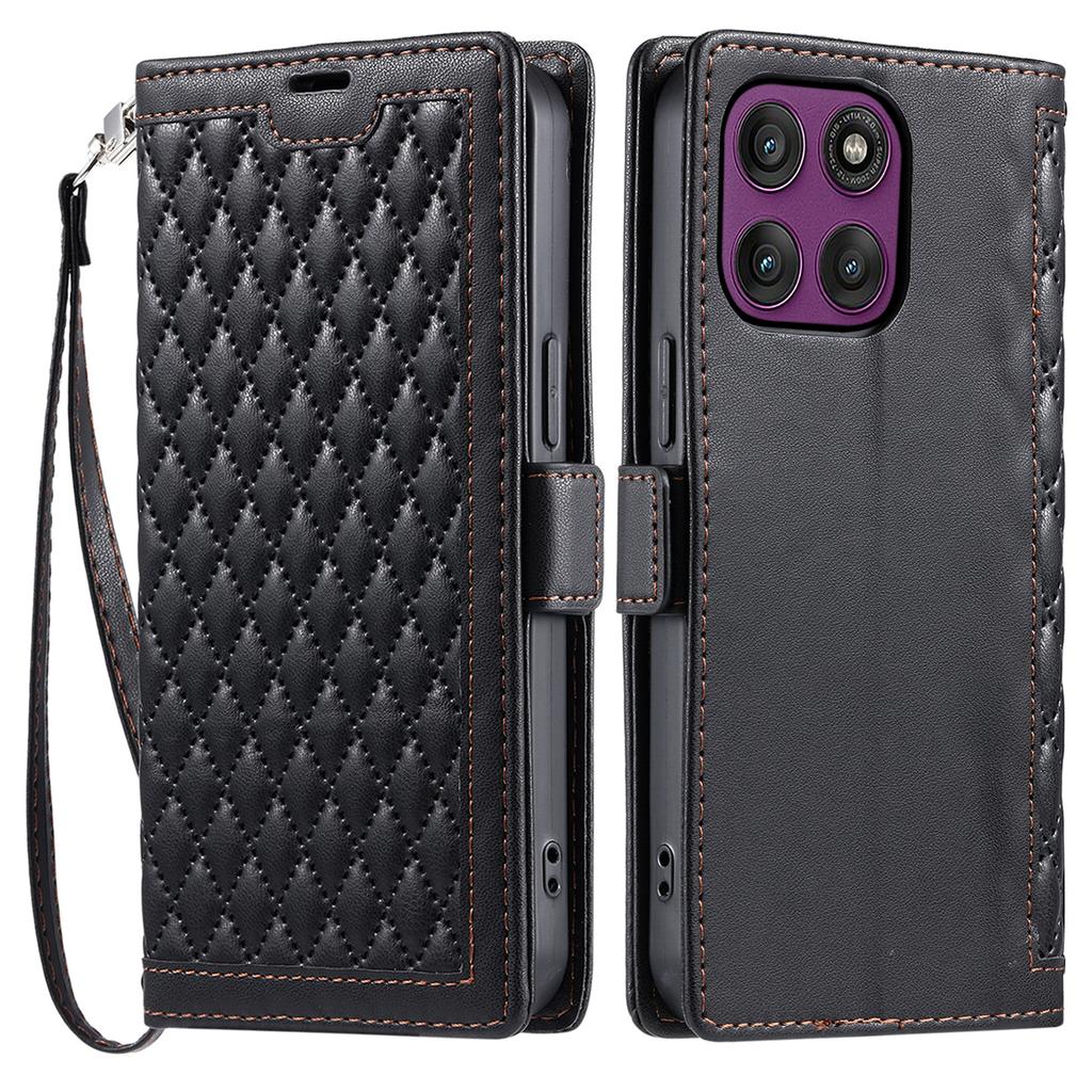 For Motorola Edge 60 Pro 5G Leather Case Rhombus Texture Wallet Stand Phone Cover with Wrist Strap