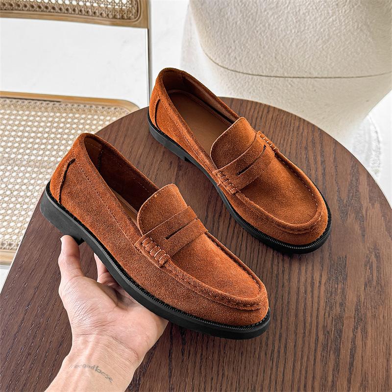 Loafers men's and women's same commute to work niche casual leather shoes soft sole retro casual shoes brown